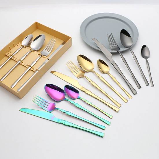 Transfrontalier en acier inoxydable petite taille brute vaisselle steak couteau et fourchette cuillère à café ensemble de quatre pièces boîte cadeau accueil