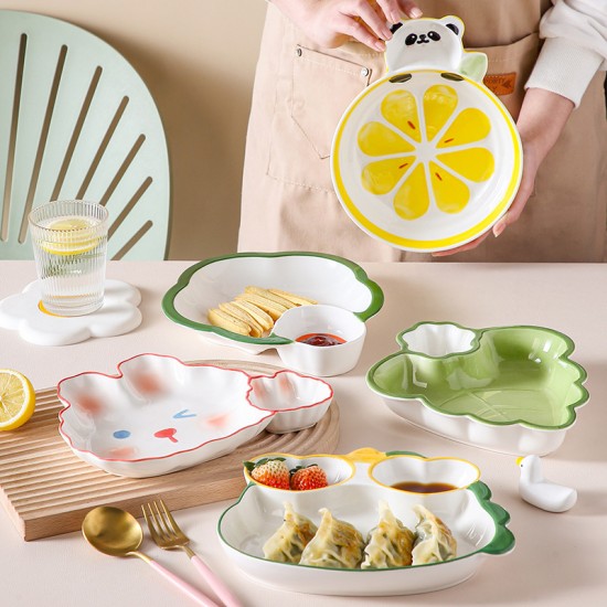 Assiette à ravioli japonaise avec assiette de vinaigre en céramique créative belle assiette à ravioli spéciale assiette à compartiments fine plaque de petit déjeuner de dessin animé