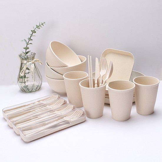 Amazon beige paille de blé saladier tasses plats plats tatouage vertical portatif couteaux fourchettes cuillère paupiers couverts ensemble cadeau
