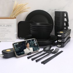 Transfrontalier noir grain vertical paille de blé bol tasses plats et soucoupes ensemble de vaisselle portable bol à céréales plat à pâtes