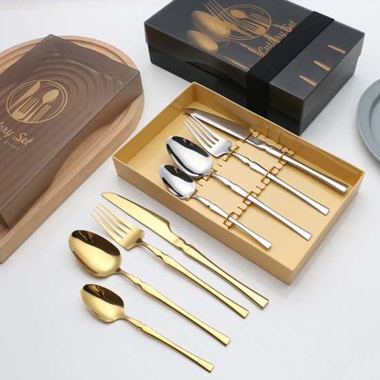 Transfrontalier en acier inoxydable petite taille brute vaisselle steak couteau et fourchette cuillère à café ensemble de quatre pièces boîte cadeau accueil