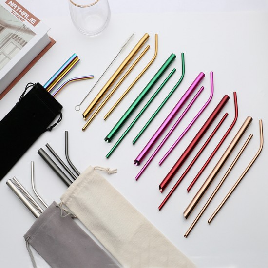 Crossover 304 paille en acier inoxydable sac en tissu portable couleur diagonale paille lait thé café boisson paille set