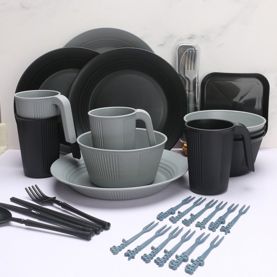 Cross-border blé paille bols tasses plateaux soucoupes ensembles de couverts portables noir gris grain vertical bol à céréales western steak plateaux