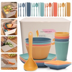 Crossover blé paille maison cuisine plats bols tasses couteaux fourchettes cuillères paupiers boîte de rangement ensemble camping voyage simple vaisselle