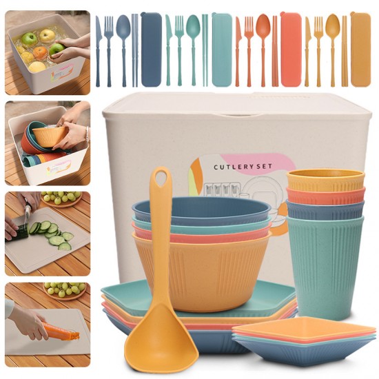 Crossover blé paille maison cuisine plats bols tasses couteaux fourchettes cuillères paupiers boîte de rangement ensemble camping voyage simple vaisselle