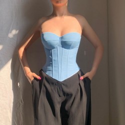 Spot-on wholesale of 2025 European and American foreign trade summer imitation denim style sleeveless fitted sexy strapless top for women