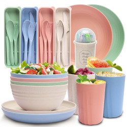Amazone paille de blé bols tasses plats couteaux fourchettes cuillères fruits fourchettes ensemble plat à pâtes maison portable vaisselle cadeaux