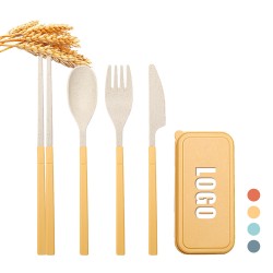 Paille de blé pliable boîte à couverts portable couteau de voyage d’extérieur fourchette cuillère chopsticks ensemble de couverts amovibles ensemble de 4 pièces