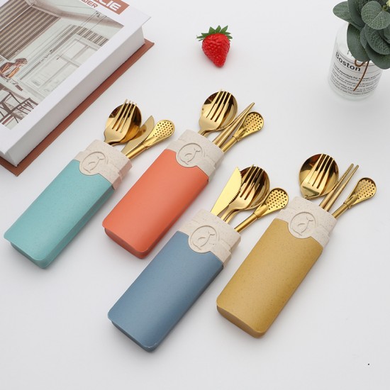 Crossover acier inoxydable couteaux fourchettes cuillères baguettes cuillères paille dauphin créatif boîte de blé étudiant portable vaisselle ensemble cadeau