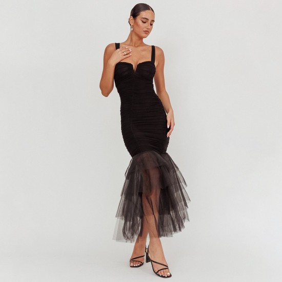 European cross-border 2025 autumn season solid color semi-high collar long-sleeved tie-on sexy elegant fitted long dress for women wholesale