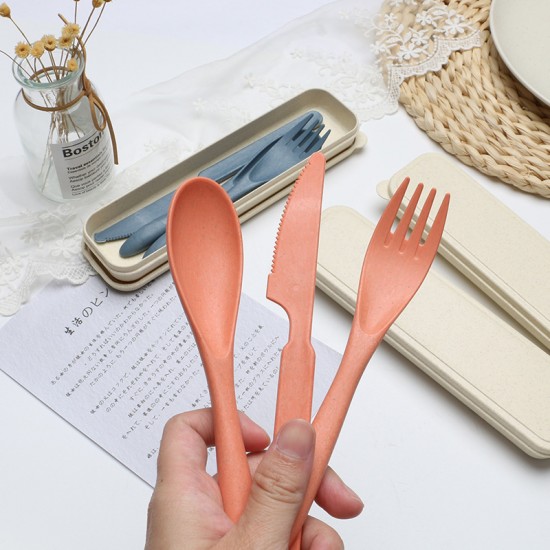 Amazon paille de blé couteau fourche cuillère ensemble de trois pièces étudiant extérieur voyage portable ensemble de vaisselle cadeau