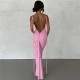 2025 Amazon cross-border summer women's fashionable dress, elegant cut-out, square-neck, slit, long-sleeved, pure color, one-piece dress for women.
