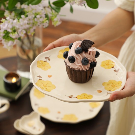 Nordic yellow flower assiette en céramique ensemble de soucoupes accueil créatif influenceurs ins vent simplicité haut look horizontal bol plat combinaison bol