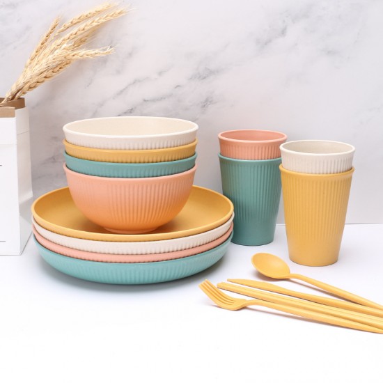 Cross-border grain vertical paille de blé bols tasses et assiettes ensemble maison manger portable couteaux fourchettes cuillères baguettes couple cadeaux vaisselle
