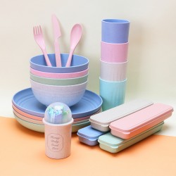Amazone paille de blé bols tasses plats couteaux fourchettes cuillères fruits fourchettes ensemble plat à pâtes maison portable vaisselle cadeaux