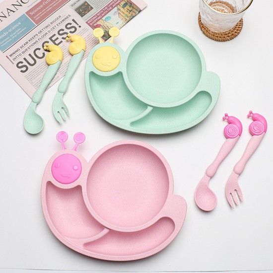 Paille de blé enfants ensembles de vaisselle dessins animés escargots splitter plateau cuillère fourche bébé accessoires plats cadeaux repas repas