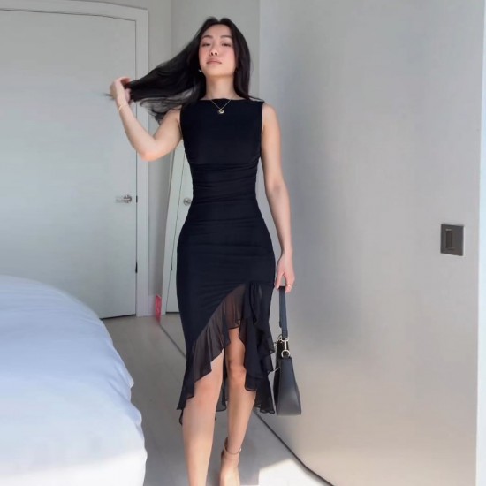 Spot-on wholesale of thin silk summer women's clothing with leopard print, featuring a plunging neckline, asymmetrical cut, and suspender straps.
