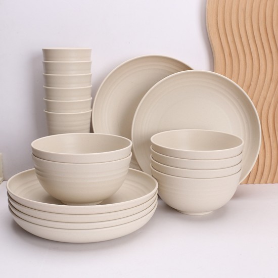 Commerce extérieur vente chaude de paille de blé plat bol coupe 32 pièces ensemble de 8 personnes vaisselle vaisselle en plastique créatif plat et bol ensemble de ménage
