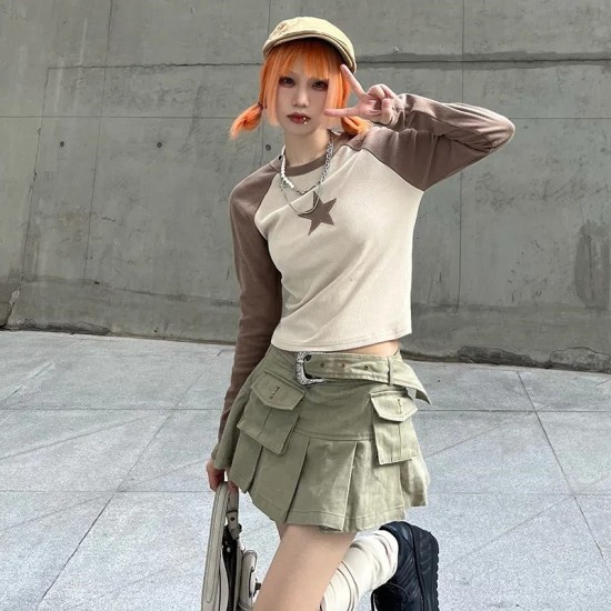 In-stock European and American autumn winter long-sleeved high-waist black female student sweet and cute waist cinched pleated A-line skirt dress