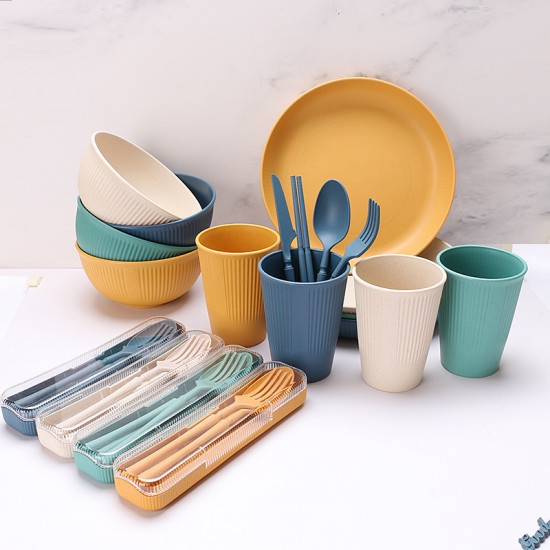 Amazone paille de blé couverts bols tasses assiettes portatifs couteaux fourchettes cuillères chopes paupiers ensemble de couverts maison saladier plat plat