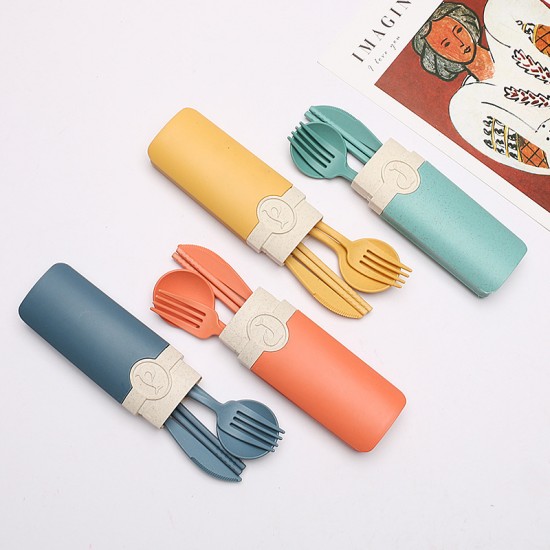 Cross-border amazone paille de blé baguettes cuillère set fourche student outdoor camping portable vaisselle ensemble de trois pièces