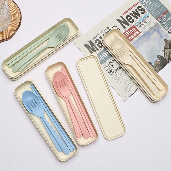 Paille de blé cuillère fourchette baguettes ensemble de trois pièces étudiant extérieur voyage pique-nique portable ensemble de vaisselle cadeau