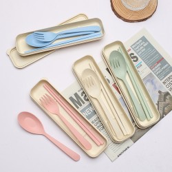 Paille de blé cuillère fourchette baguettes ensemble de trois pièces étudiant extérieur voyage pique-nique portable ensemble de vaisselle cadeau