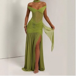In Stock Cross-border 2025 New Fashion Sexy Slim Fit Backless Openwork Knitted Tunic with Stripes and Elegant Style Long Sleeve One-Piece Dress for Wholesale