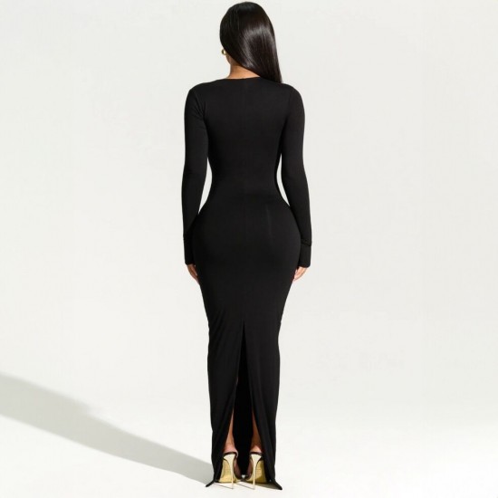 Wholesale cross-border European 2025 spring-summer new style women's elegant collar, backless, sexy, slit, tie, pure color, one-piece dress for women.