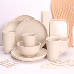 Cross-border set de couverts paille de blé maison bols tasses plats vaisselle portable plateau cadeau tasses couteaux portatifs fourchette cuillère