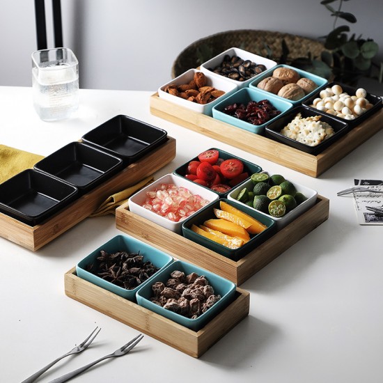 Créatif japonais bambou bois à compartiments snacks fruits secs céramique hôtel ingrédients pour le petit déjeuner hot pot dip snack assaisonnement plat de goût
