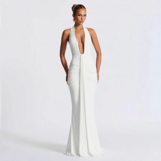 European and American 2025 Summer New Style Cross-border Fashion Dress Sexy Solid Deep V Neck Backless Dress for Women Wholesale