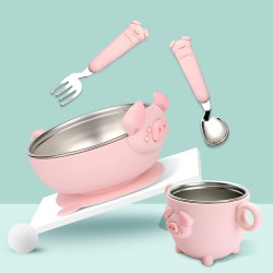 304 ustensiles en acier inoxydable pour enfants ustensiles en silicone cartoon piggy bol ventouses ensemble de vaisselle de bébé bol accessoire