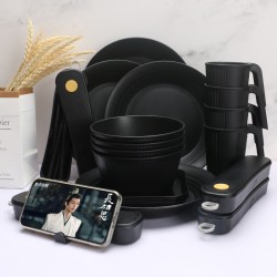 Transfrontalier noir grain vertical paille de blé bol tasses plats et soucoupes ensemble de vaisselle portable bol à céréales plat à pâtes