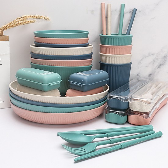 Amazone paille de blé bol tasse-assiette assiette à pâtes étudiant bol à soupe vaisselle portable couteaux fourchettes cuillère chopes paupiers paille set