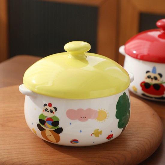 Pandas manger bambou céramique oeufs à la vapeur bol avec couvercle ragoûter soupe tumbler poulet cuit cuit cuit bols à deux oreilles maison bébé accessoires vaisselle
