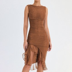 2025 cross-border summer new style fashionable net fabric tight-fitting pure color, elegant pleated, backless, sexy, slim, form-fitting, one-piece dress for women, wholesale at low prices.