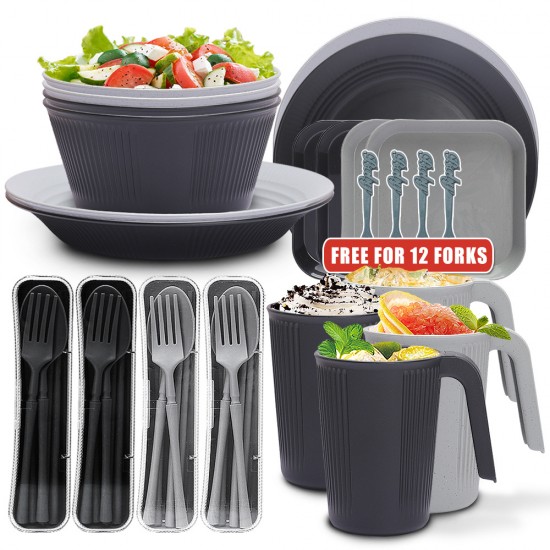 Cross-border blé paille bols tasses plateaux soucoupes ensembles de couverts portables noir gris grain vertical bol à céréales western steak plateaux