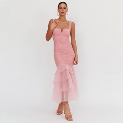 European cross-border 2025 autumn season solid color semi-high collar long-sleeved tie-on sexy elegant fitted long dress for women wholesale