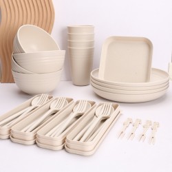 Cross-border set de couverts paille de blé maison bols tasses plats vaisselle portable plateau cadeau tasses couteaux portatifs fourchette cuillère