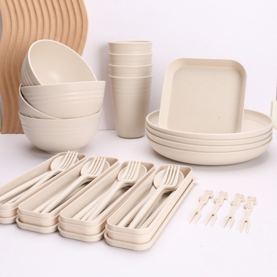 Cross-border set de couverts paille de blé maison bols tasses plats vaisselle portable plateau cadeau tasses couteaux portatifs fourchette cuillère