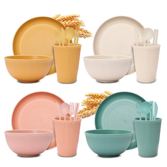 Cross-border grain vertical paille de blé bols tasses et assiettes ensemble maison manger portable couteaux fourchettes cuillères baguettes couple cadeaux vaisselle