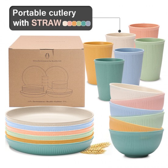 Cross-border grain vertical paille de blé bols tasses plateaux couverts maison salade bol de riz assiette de repas café tasses à boire ensemble cadeau