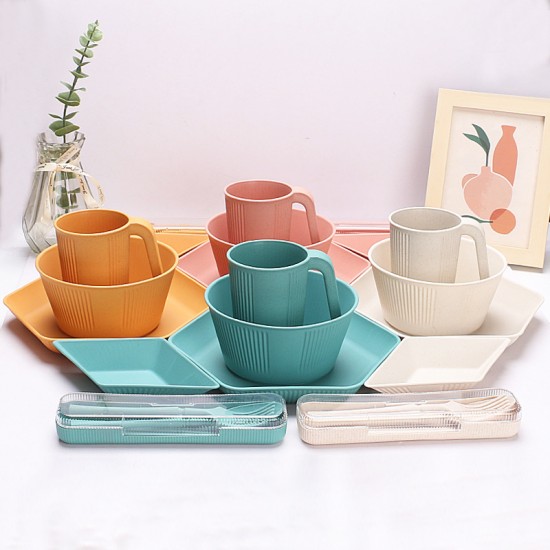 Bol à paille de blé tasses et assiettes ensemble de vaisselle portable ensemble de camping à grain vertical créatif diamant plat à tremper saladier plat