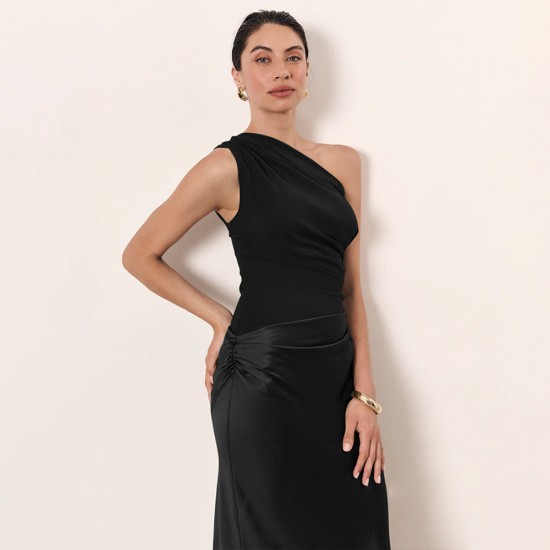 2025 new product European style spring-summer elegant fashionable net fabric solid patchwork pleated see-through dress for women wholesale