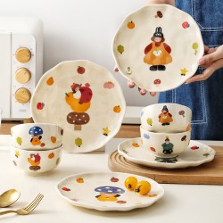Famille 4 personnes parent-enfant ensemble de vaisselle cadeau maison bols plats bols en céramique assiettes mignonne cartoon riz bols plats plats