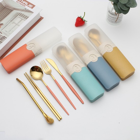 Crossover acier inoxydable couteaux fourchettes cuillères baguettes cuillères paille dauphin créatif boîte de blé étudiant portable vaisselle ensemble cadeau