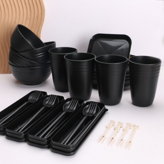 Cross-border set de couverts paille de blé maison bols tasses plats vaisselle portable plateau cadeau tasses couteaux portatifs fourchette cuillère