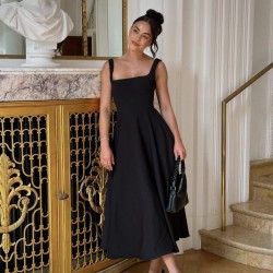 Fulfillment 2025 European cross-border French style loose collar waist cinched A-shaped casual fashionable strap-on long dress for women wholesale