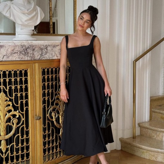Fulfillment 2025 European cross-border French style loose collar waist cinched A-shaped casual fashionable strap-on long dress for women wholesale
